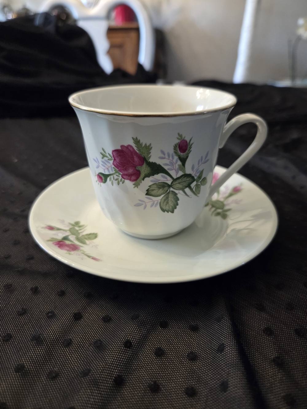 NWOT Floral Teacup and Saucer - Pink Roses